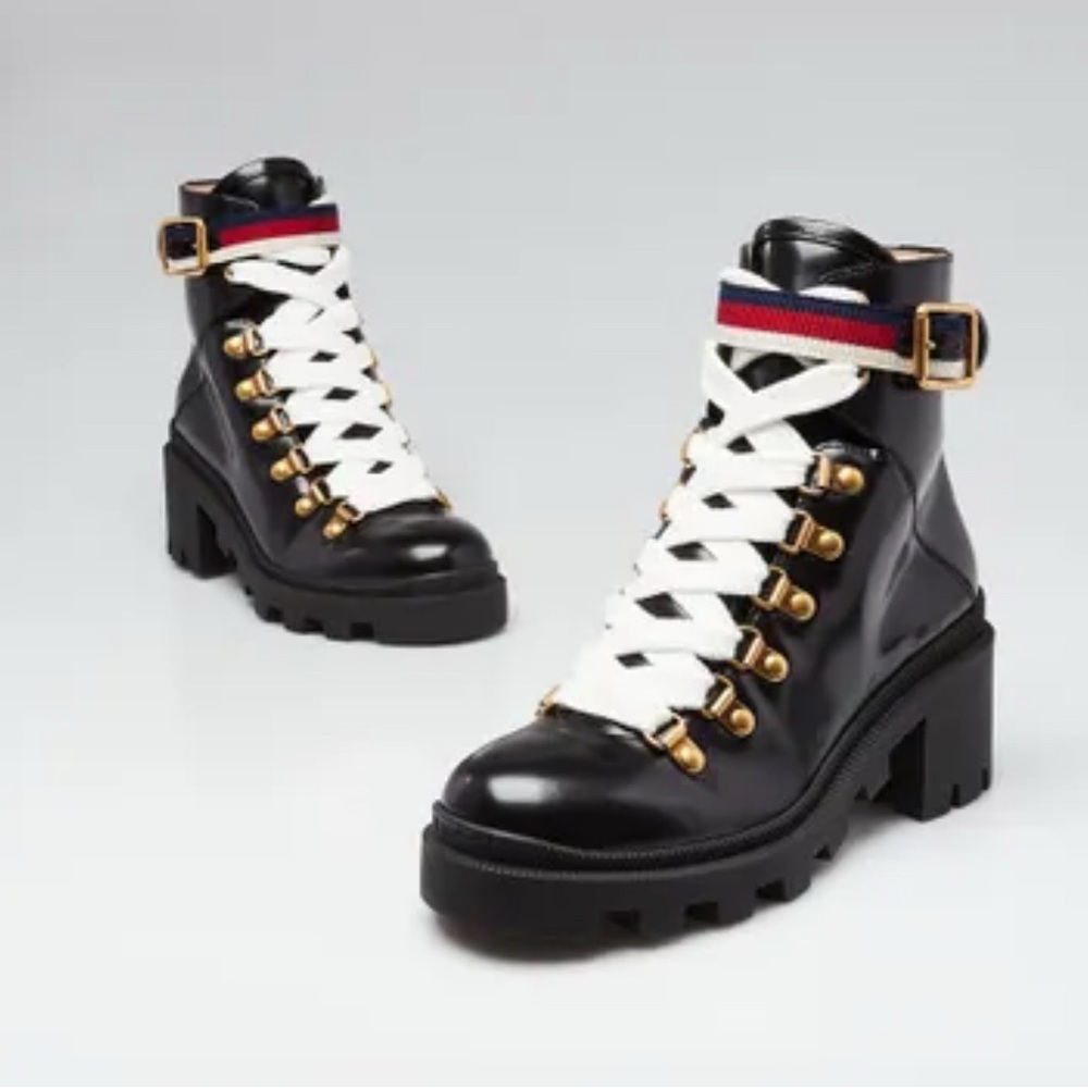 Gucci Sylvie Web size 9.5 Black Leather Combat Boots